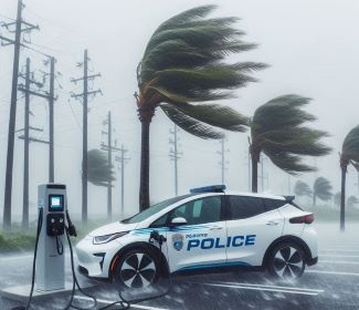 Electric police car charging during hurricane.JPG